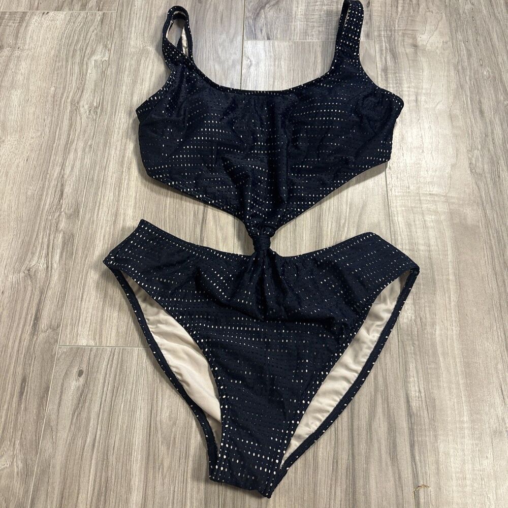 Abercrombie & Fitch Cutout One Piece Swimsuit Navy nude Mesh Size Large